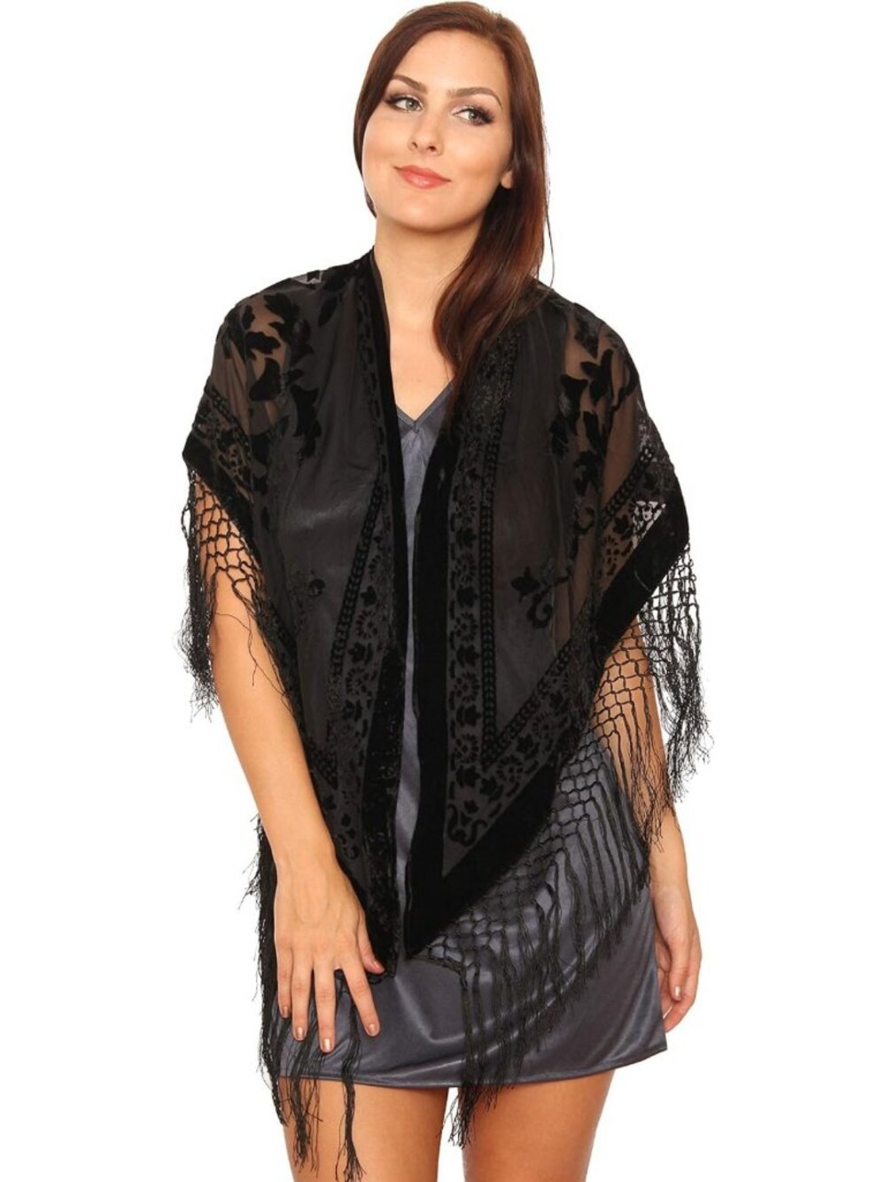 Chic Velvet Burnout Shawl Wrap with Fringe - Stylish Layering Piece for Any